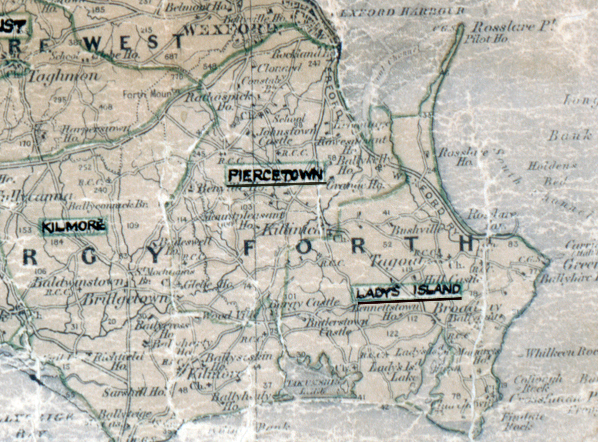 A scanned, worn historical map from the 1940s of the rural electrification area around Piercecestown. A hand‑drawn boundary outlines the region, including Lady’s Island, Ballythomas, and Bridgetown.