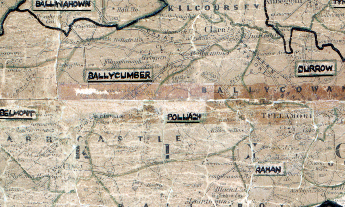 A scanned, worn historical map from the 1940s of the  rural electrification area around Pollagh.