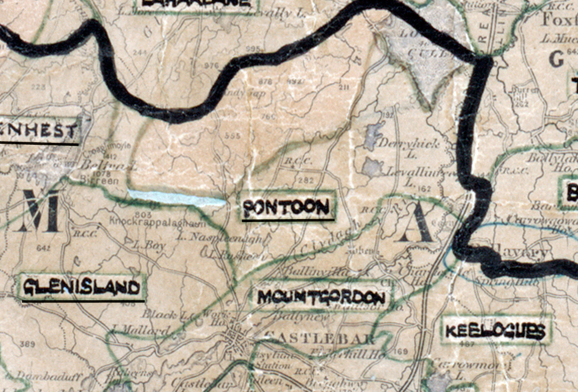 A scanned, worn historical map from the 1940s of the rural electrification area around Pontoon. A hand‑drawn boundary outlines the region, including Glenhest, Glenisland, Mountordoon, and Keelgue.