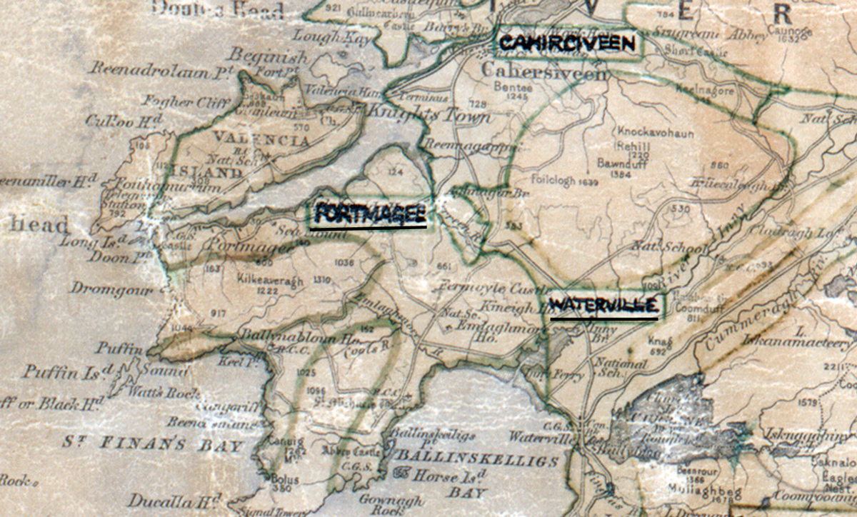 A scanned, worn historical map from the 1940s of the  rural electrification area around Portmagee. A hand‑drawn boundary outlines the region, including Cahirciveen and Waterville.