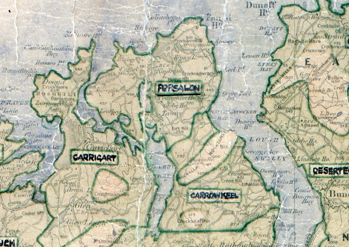 A scanned, worn historical map from the 1940s of the  rural electrification area around Portsalon.
