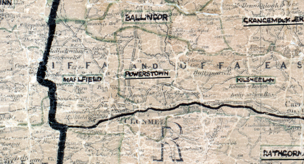 A scanned, worn historical map from the 1940s of the rural electrification area around Powerstown. A hand‑drawn boundary outlines the region, including Ballingarry, Marlfield, Kilsheelan, and Grangemockler.