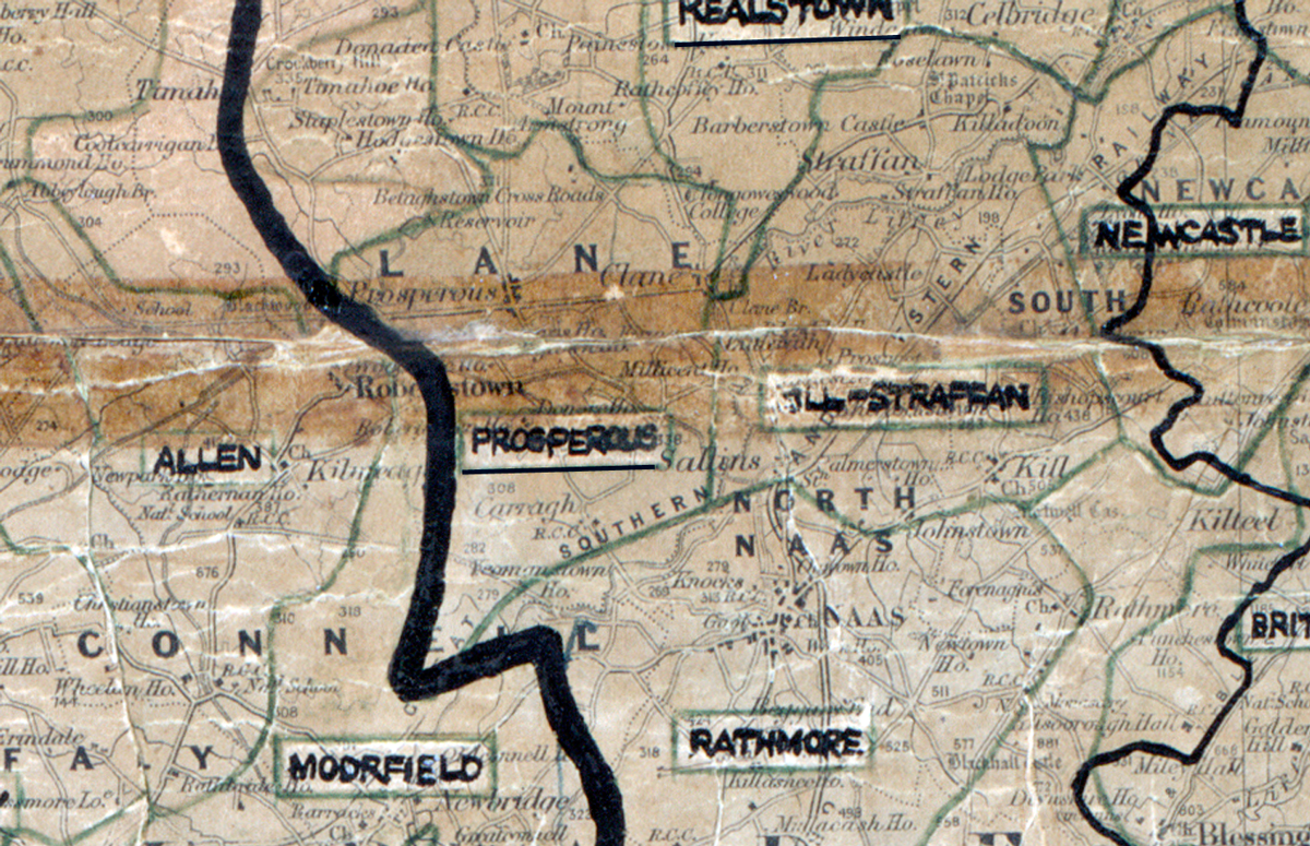 A scanned, worn historical map from the 1940s of the  rural electrification area around Prosperous. A hand‑drawn boundary outlines the region, including Realstown, Allen, Moorfield, Newcastle, Kill-straffan and Rathmore.