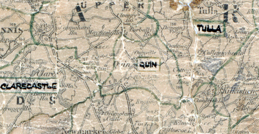A scanned, worn historical map from the 1940s of the rural electrification area around  Quin. A hand‑drawn boundary outlines the region, including Clarecastle, and Tulla.