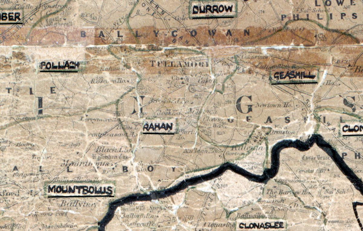 A scanned, worn historical map from the 1940s of the  rural electrification area around Rahan.