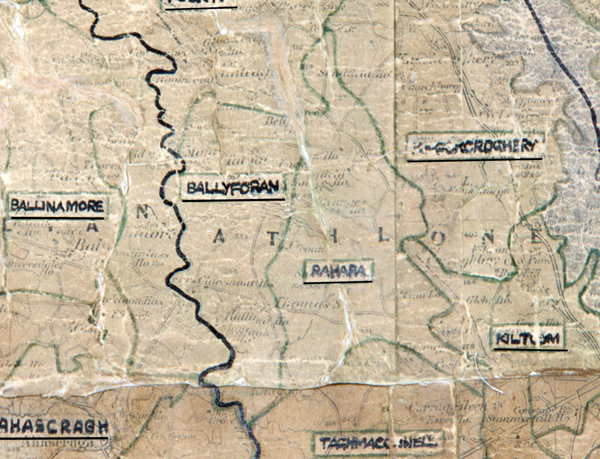 A scanned, worn historical map from the 1940s of the  rural electrification area around Rahara. A hand‑drawn boundary outlines the region, including Ballyforan, Ballinamore, Knockcroghery, Kiltom, Ahascragh and Taghmaconnell.