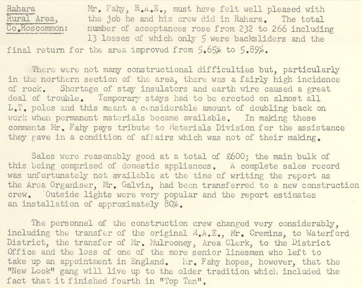 A scanned page from the ESB REO magazine about the Rahara Rural Area.