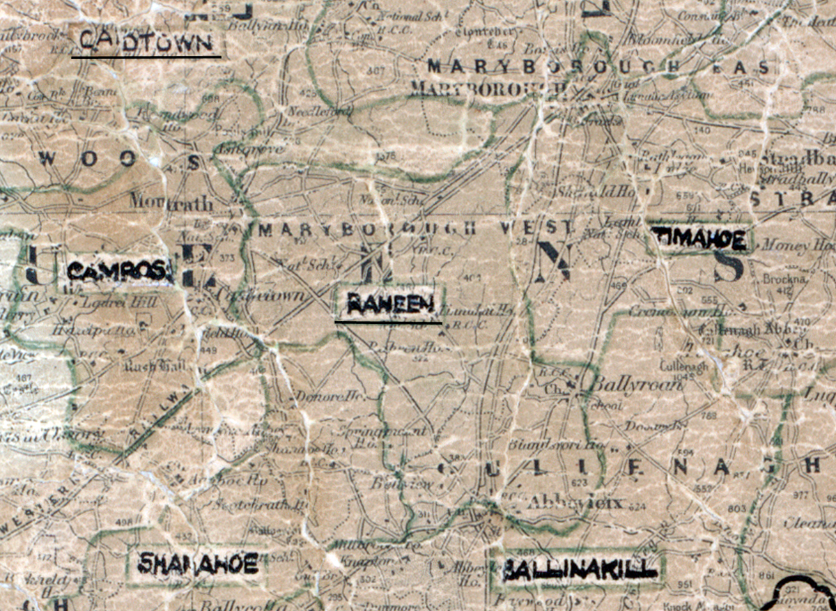 A scanned, worn historical map from the 1940s of the  rural electrification area around Raheen. A hand‑drawn boundary outlines the region, including Cardtown, Camross, Timahoe, Shanahoe and Bllinakill.