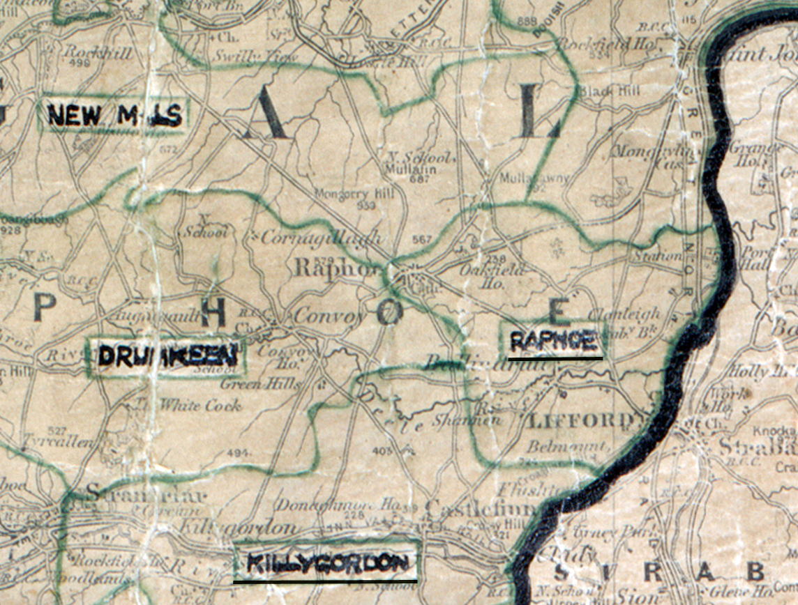 A scanned, worn historical map from the 1940s of the  rural electrification area around Raphoe.