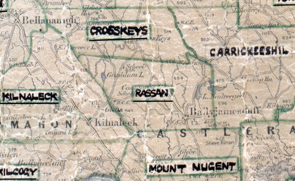 A scanned, worn historical map from the 1940s of the  rural electrification area around Rassan.