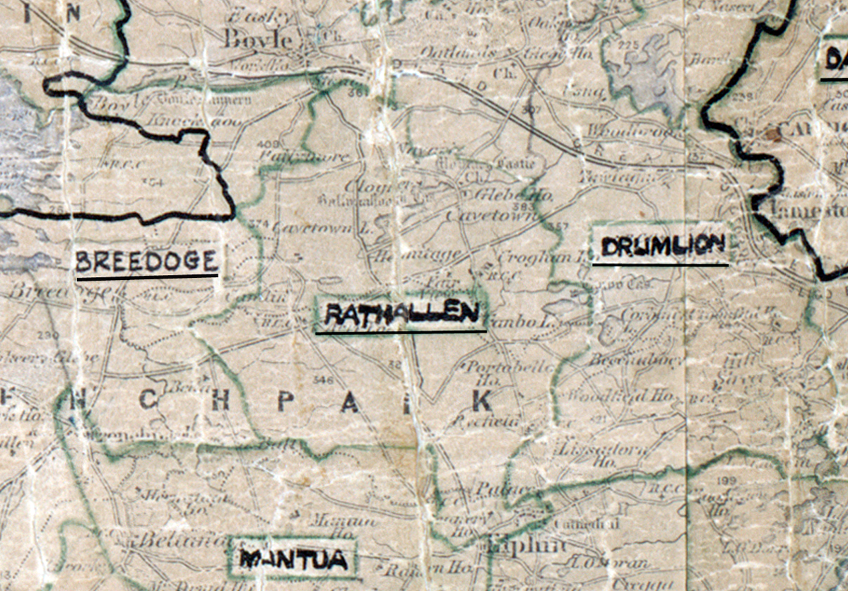 A scanned, worn historical map from the 1940s of the  rural electrification area around Rathallen. A hand‑drawn boundary outlines the region, including Breedoge, Drumlion and Mantua.