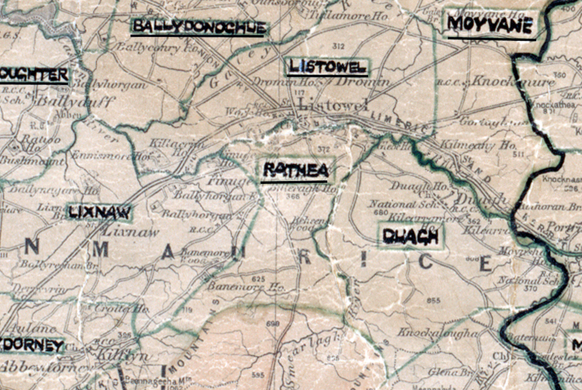 A scanned, worn historical map from the 1940s of the  rural electrification area around Rathea. A hand‑drawn boundary outlines the region, including Ballydonoghue, Moyvane, Listowel, Lixnaw, Abbeydorney and Ardoughter.