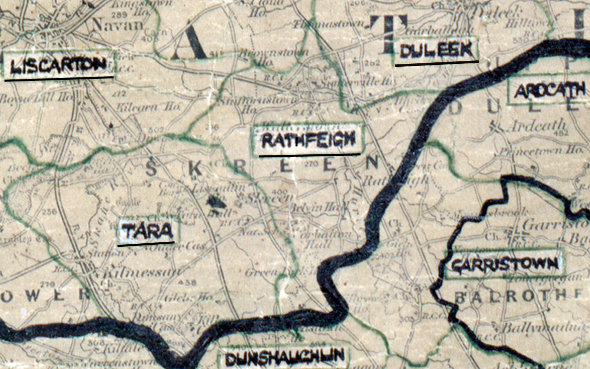 A scanned, worn historical map from the 1940s of the  	rural electrification area around Rathfeigh. A hand‑drawn boundary outlines the region, including Liscarton, Tara, Duleek, Arocath, Carristown and Dunshaughlin.