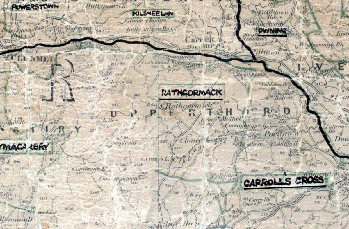 A scanned, worn historical map from the 1940s of the  rural electrification area around Rathgormack.