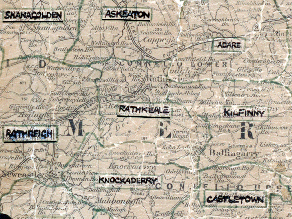 A scanned, worn historical map from the 1940s of the  rural electrification area around Rathkeale.