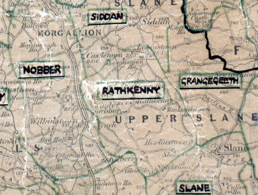 A scanned, worn historical map from the 1940s of the  rural electrification area around Rathkenny. A hand‑drawn boundary outlines the region, including Siddan, Nobber, Grangegeeth and Slane.