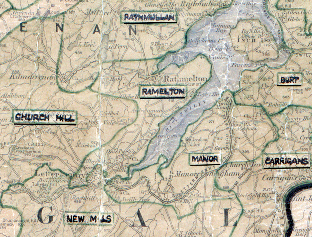 A scanned, worn historical map from the 1940s of the  rural electrification area around Rathmelton.