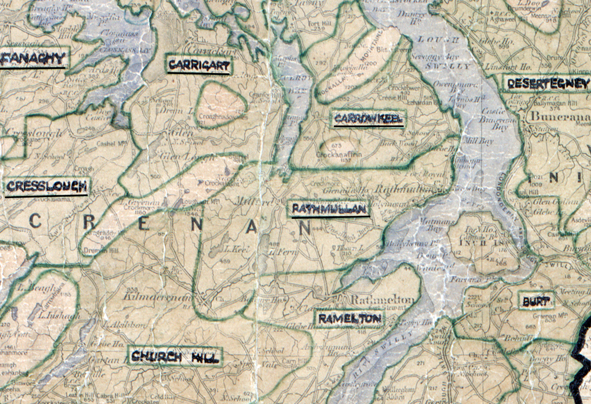 A scanned, worn historical map from the 1940s of the  rural electrification area around Rathmullen.