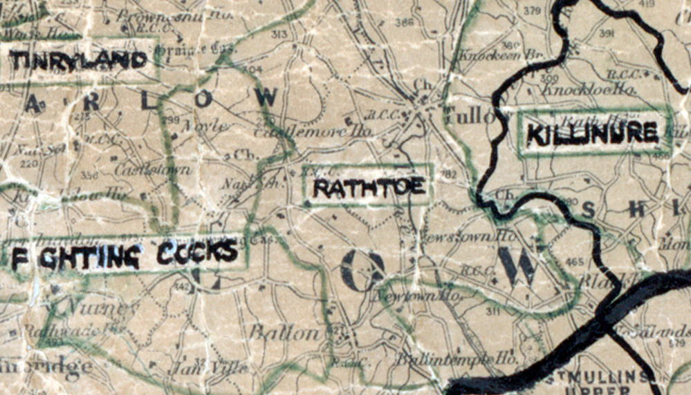 A scanned, worn historical map from the 1940s of the  rural electrification area around Rathmore. A hand‑drawn boundary outlines the region, including Tinryland, Fighting Cocks and Killinure.