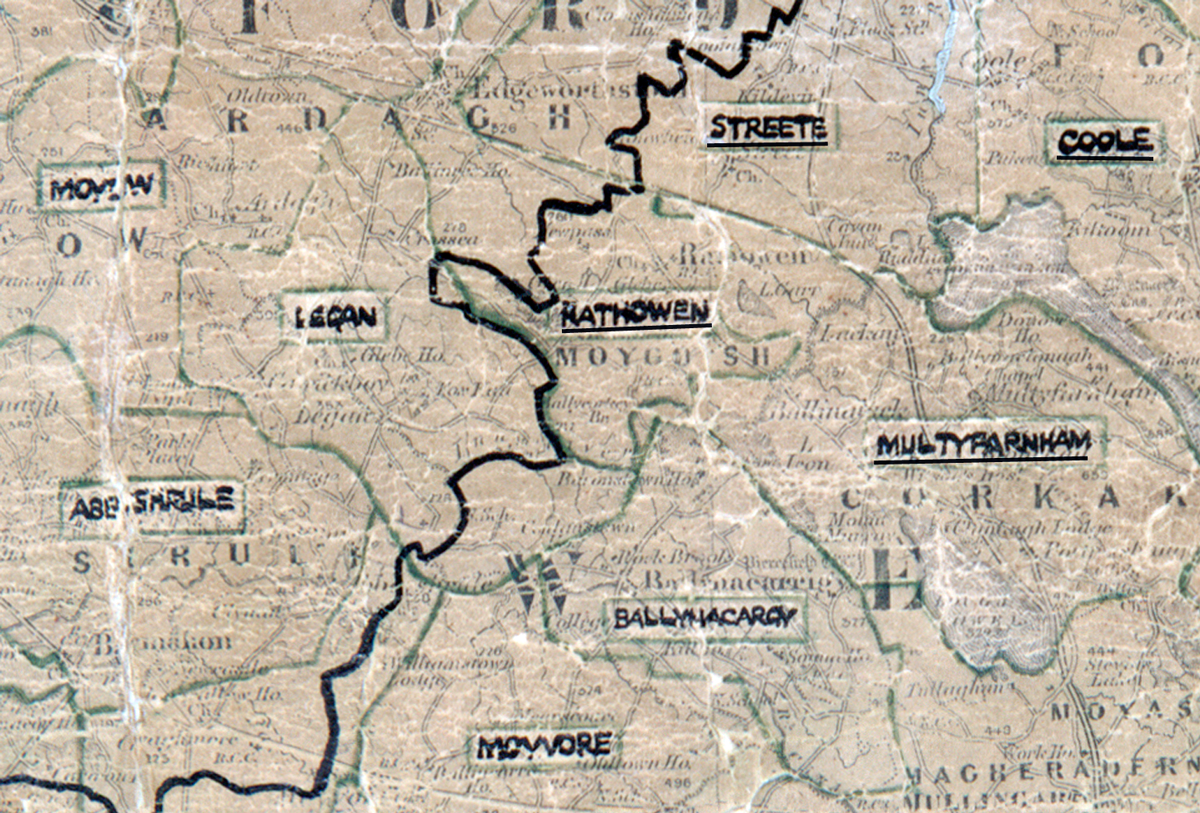 A scanned, worn historical map from the 1940s of the  rural electrification area around Rathowen.
