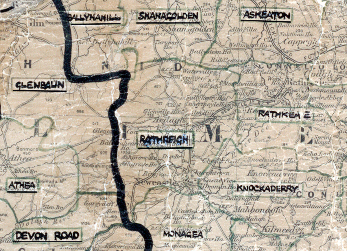 A scanned, worn historical map from the 1940s of the  rural electrification area around Rathreigh.