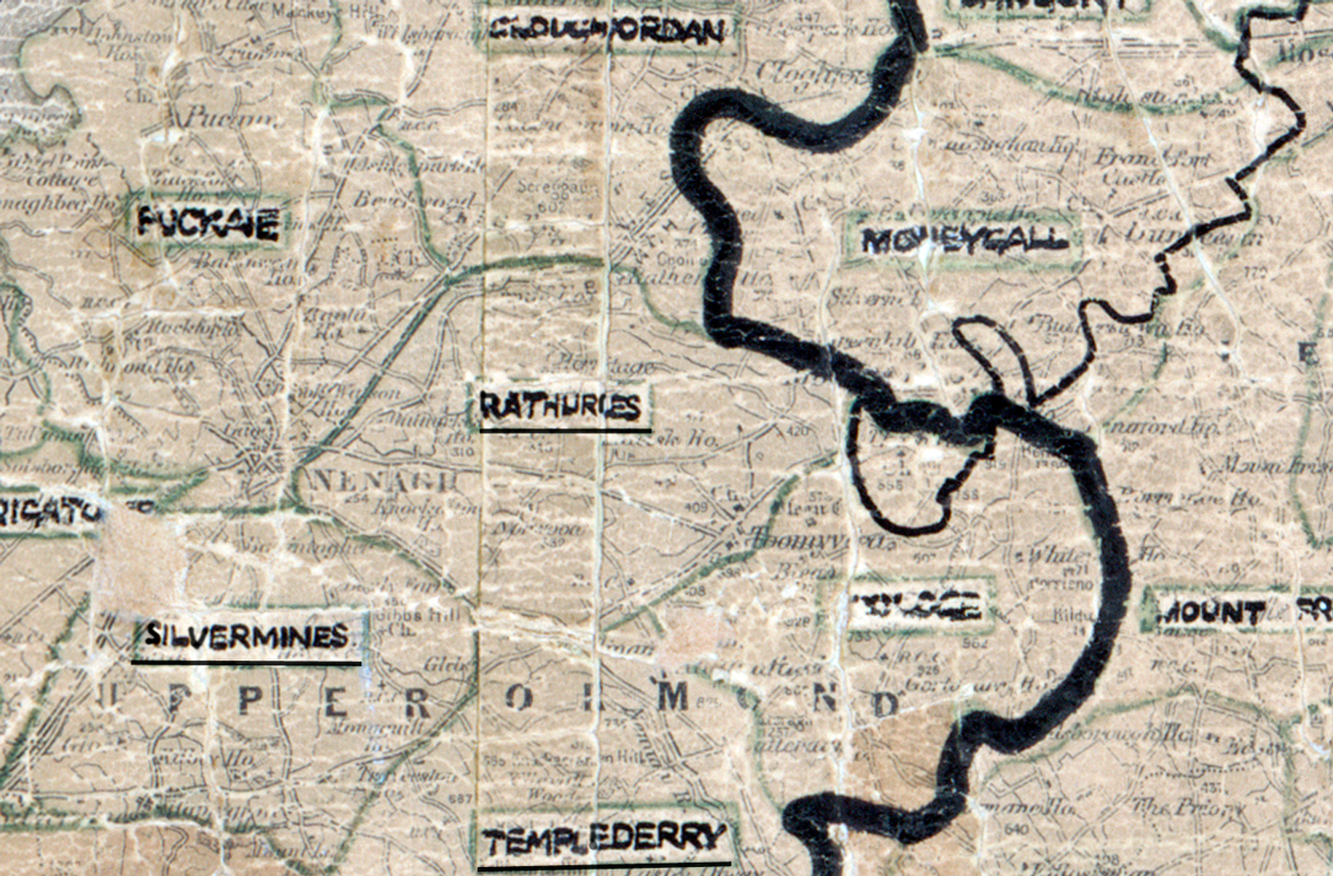 A scanned, worn historical map from the 1940s of the rural electrification area around Rathurles. A hand‑drawn boundary outlines the region, including Silvermines, Moneygall, and Templederry.