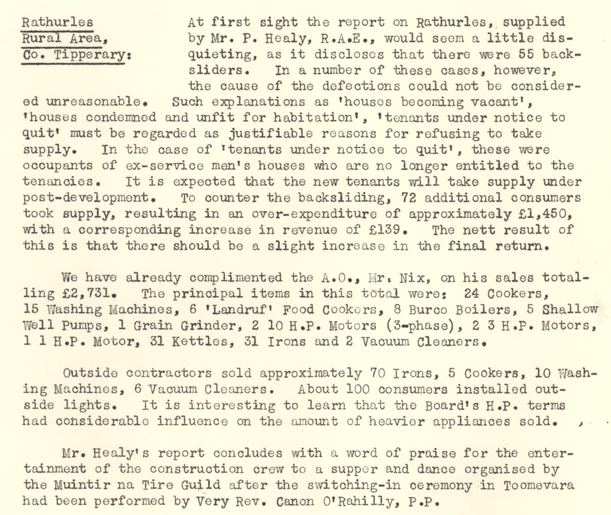 A scanned page from the ESB REO magazine about the Rathurles Rural Area