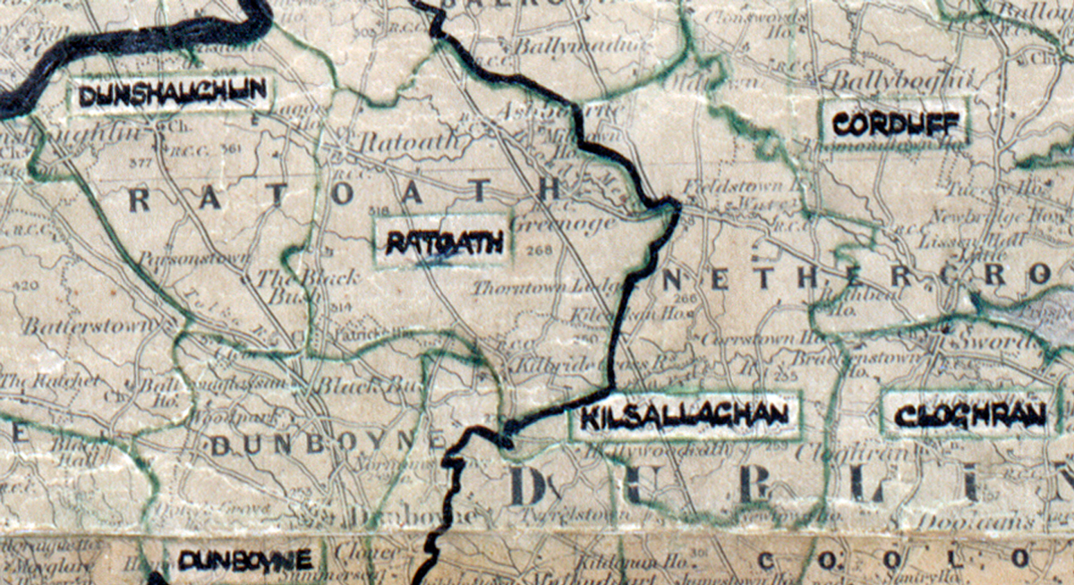 A scanned, worn historical map from the 1940s of the  rural electrification area around Ratoath. A hand‑drawn boundary outlines the region, including Dunshaughlin, Corduff, Dunboyne, Kilsallaghan and Cloghran.
