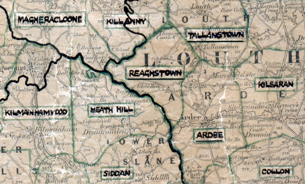 A scanned, worn historical map from the 1940s of the  rural electrification area around Reaghstown.