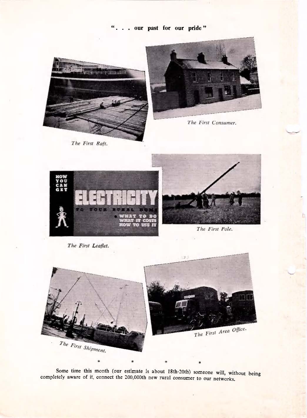 Page featuring a collection of photographs and illustrations highlighting milestones in the Rural Electrification Scheme, including the first raft, first consumer, first leaflet, first electricity pole, first shipment and first area office.