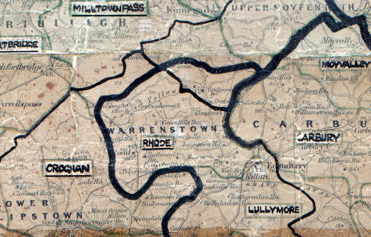 Map extract showing rural electrification areas in Counties Laois and Carlow, including Rhode, Carbury and Lullymore.