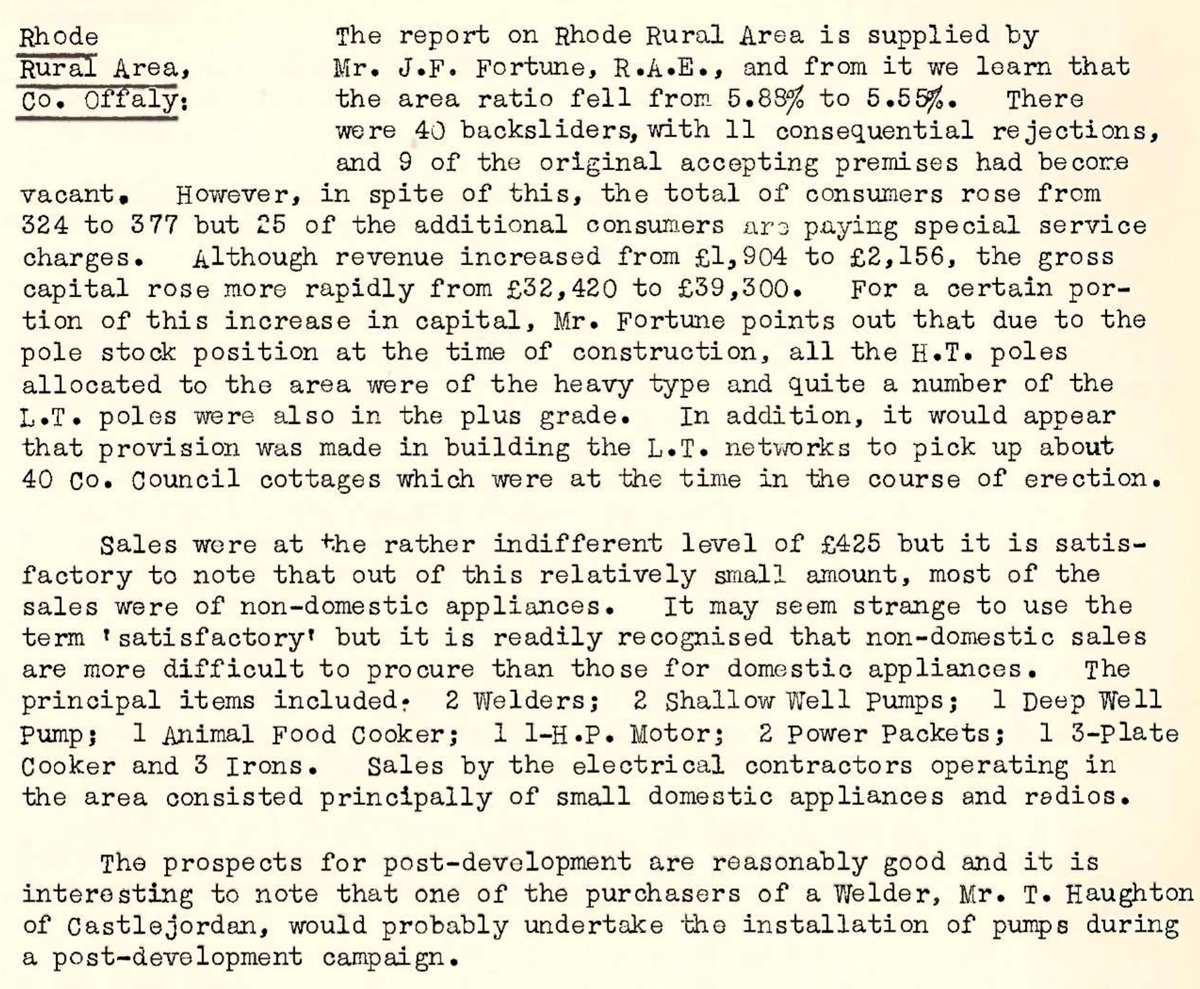 Article summarising the completion and performance of the Rhode rural electrification area in County Offaly, including consumer numbers, construction costs and appliance sales.