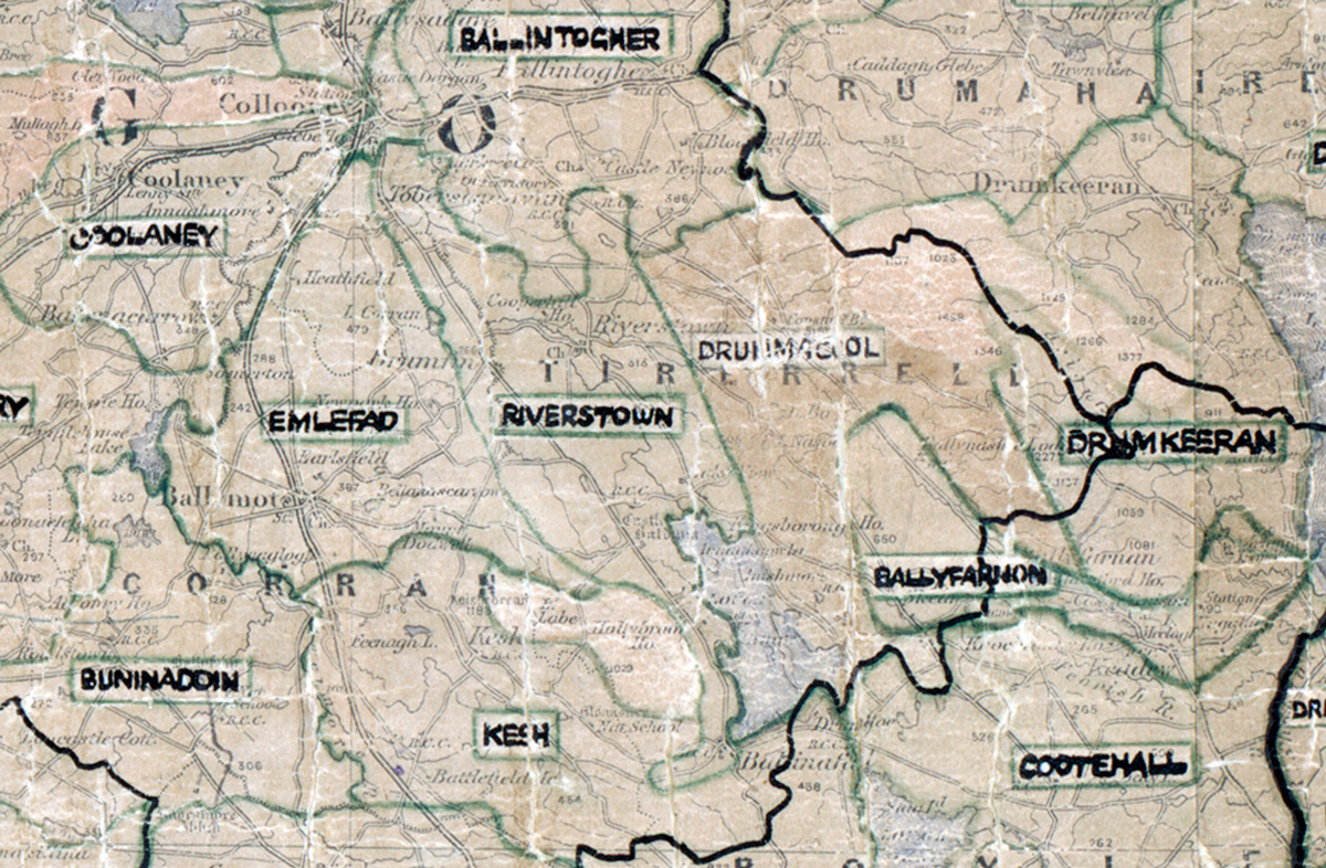 A scanned, worn historical map from the 1940s of the  rural electrification area around Riverstown. A hand‑drawn boundary outlines the region, including Ballintogher, Coolaney, Drumkeeran, Ballyfarnon, Emlefad, Buninadoin, Kesh and Cootehall.