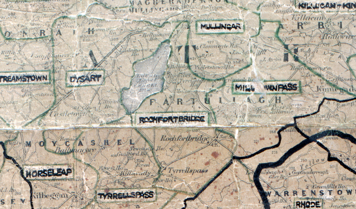 A scanned, worn historical map from the 1940s of the  rural electrification area around Rochfortbridge.