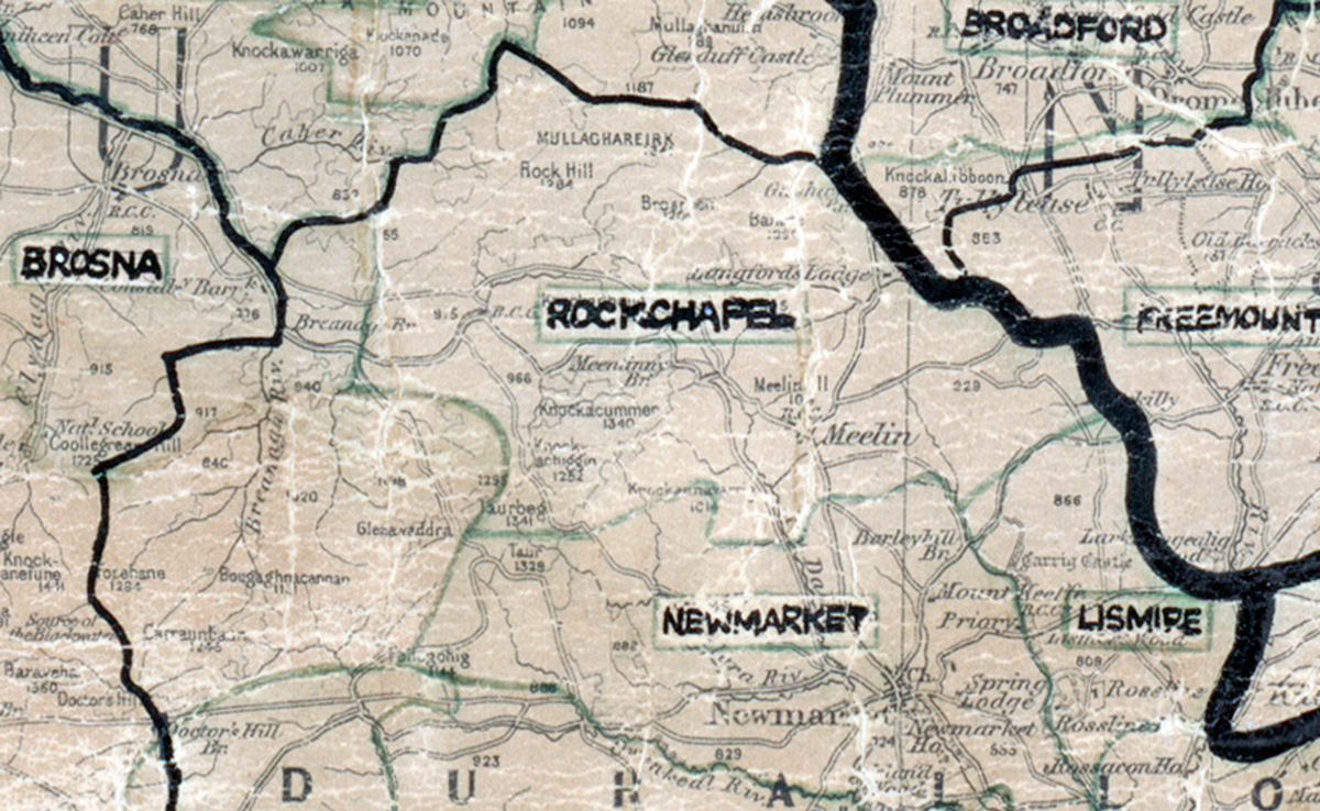 A scanned, worn historical map from the 1940s of the  rural electrification area around Rockchapel. A  hand‑drawn boundary outlines the region.