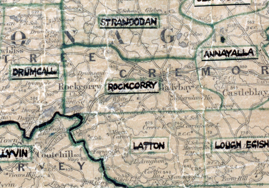 A scanned, worn historical map from the 1940s of the rural electrification area around Rockcorry. A hand‑drawn boundary outlines the region, including Stranoodan, Annayalla, Drumcall, Latton, and Lough Egish.