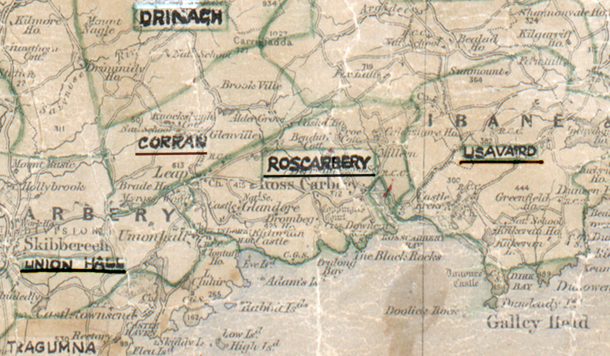 A scanned, worn historical map from the 1940s of the  rural electrification area around Rosscarbery. A hand‑drawn boundary outlines the region, including Drinagh, Corran, Union Hall and Lisavaird.