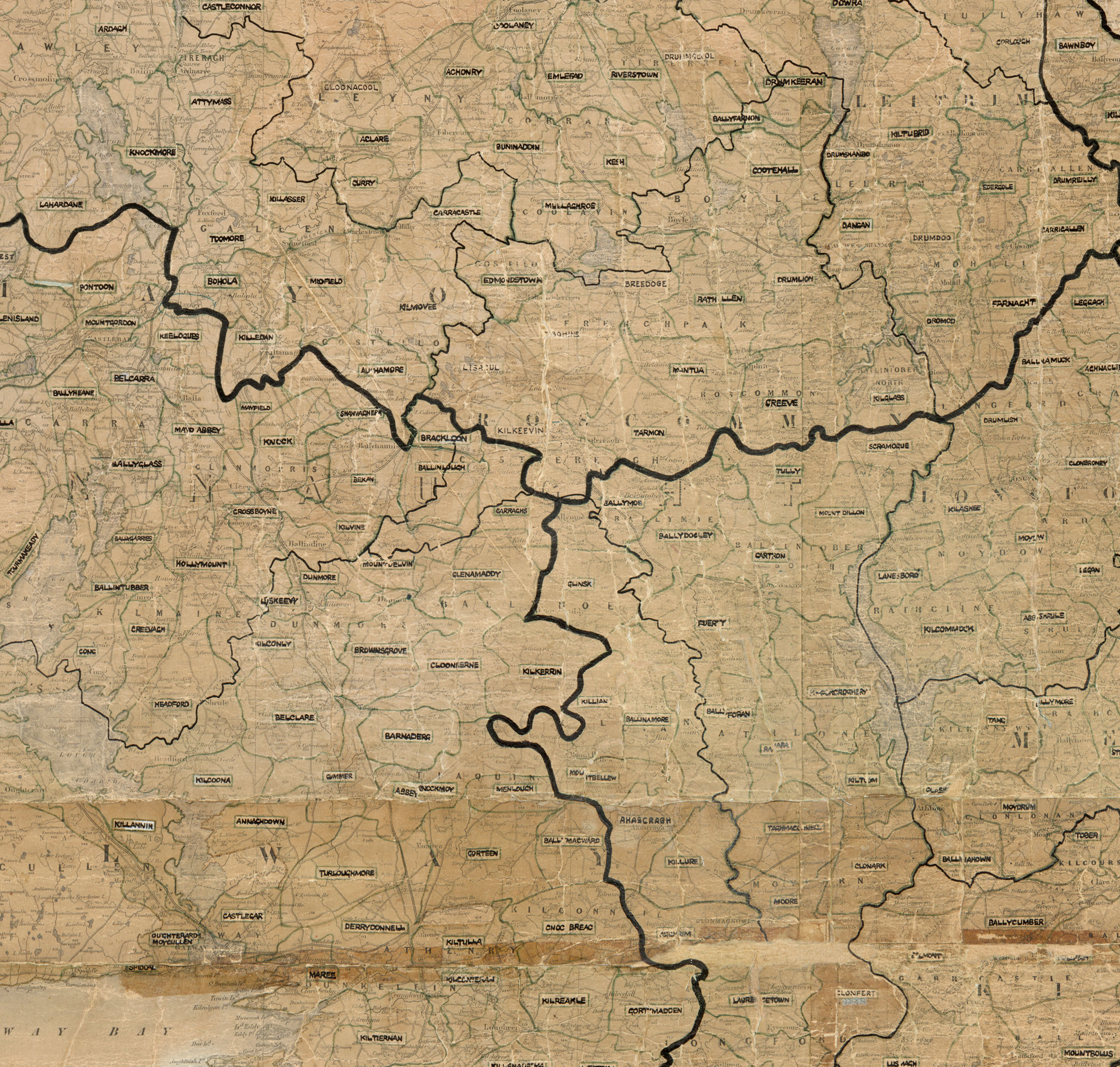 Map showing rural electrification area boundaries across parts of Counties Mayo, Roscommon, Galway and Offaly.