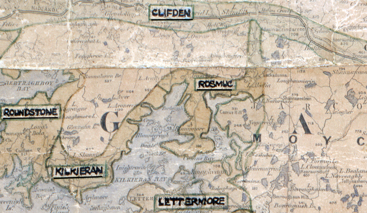 A scanned, worn historical map from the 1940s of the  rural electrification area around Rosmuc.