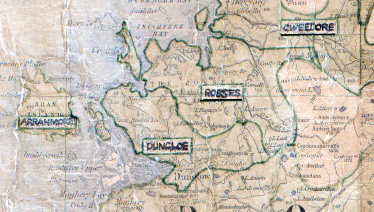 A scanned, worn historical map from the 1940s of the  rural electrification area around Rosses.
