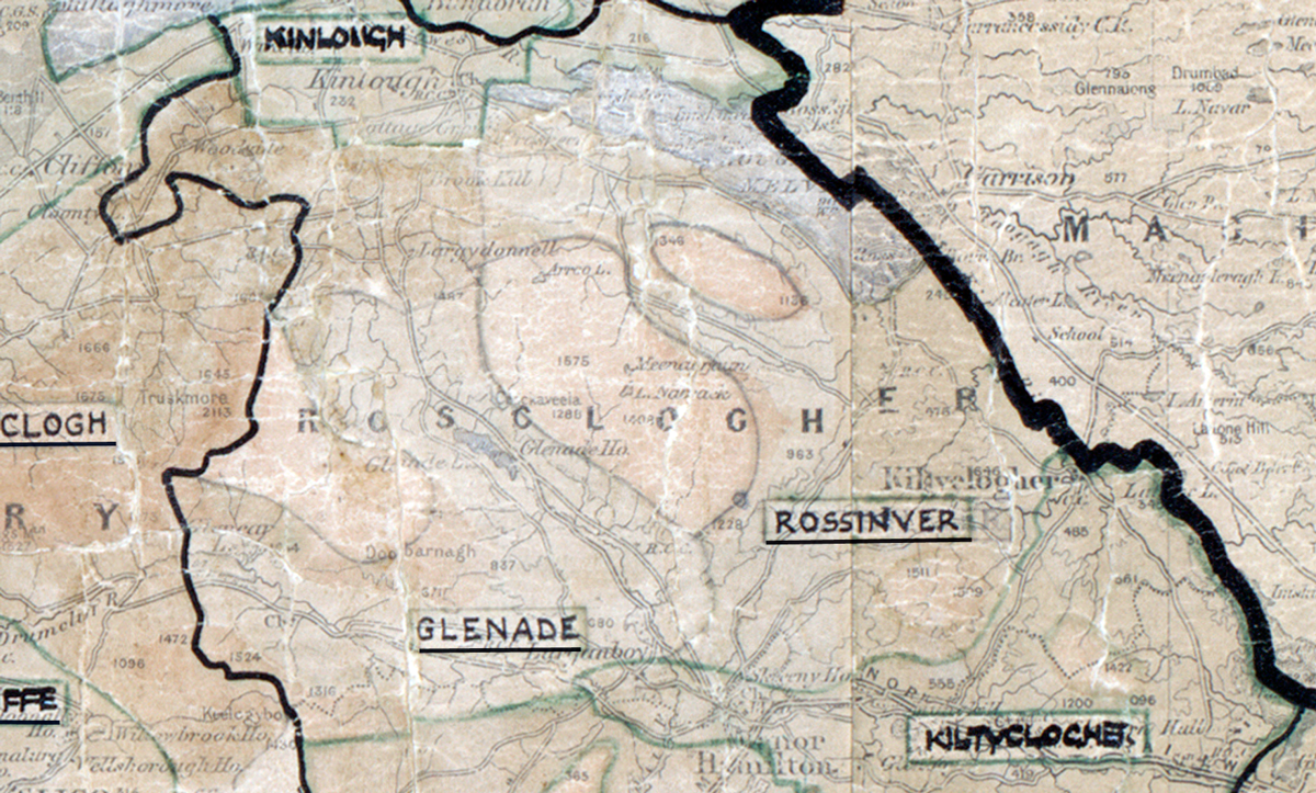 A scanned, worn historical map from the 1940s of the rural electrification area around Rossinver. A hand‑drawn boundary outlines the region, including Kinlough, Clogh, Glenade, and Kiltyclogher.