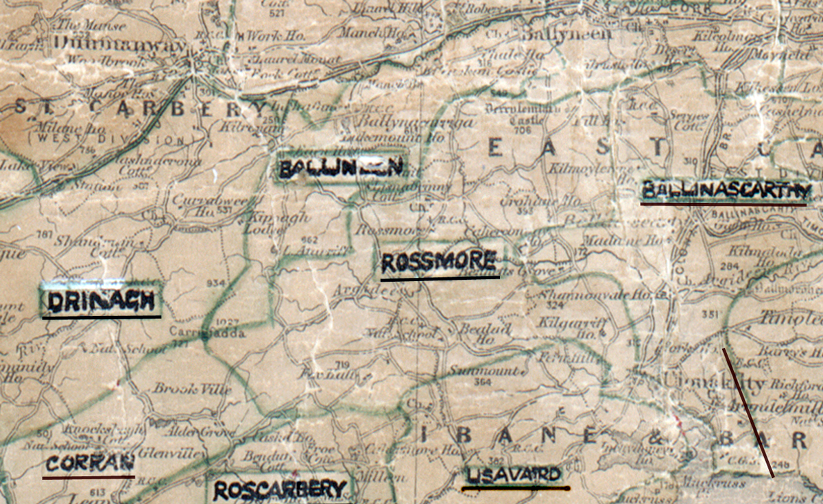 A scanned, worn historical map from the 1940s of the  rural electrification area around Rossmore. A hand‑drawn boundary outlines the region, including Ballineen, Drinagh, Corran, Rosscarbery, Lisavaird and Ballinascarthy.