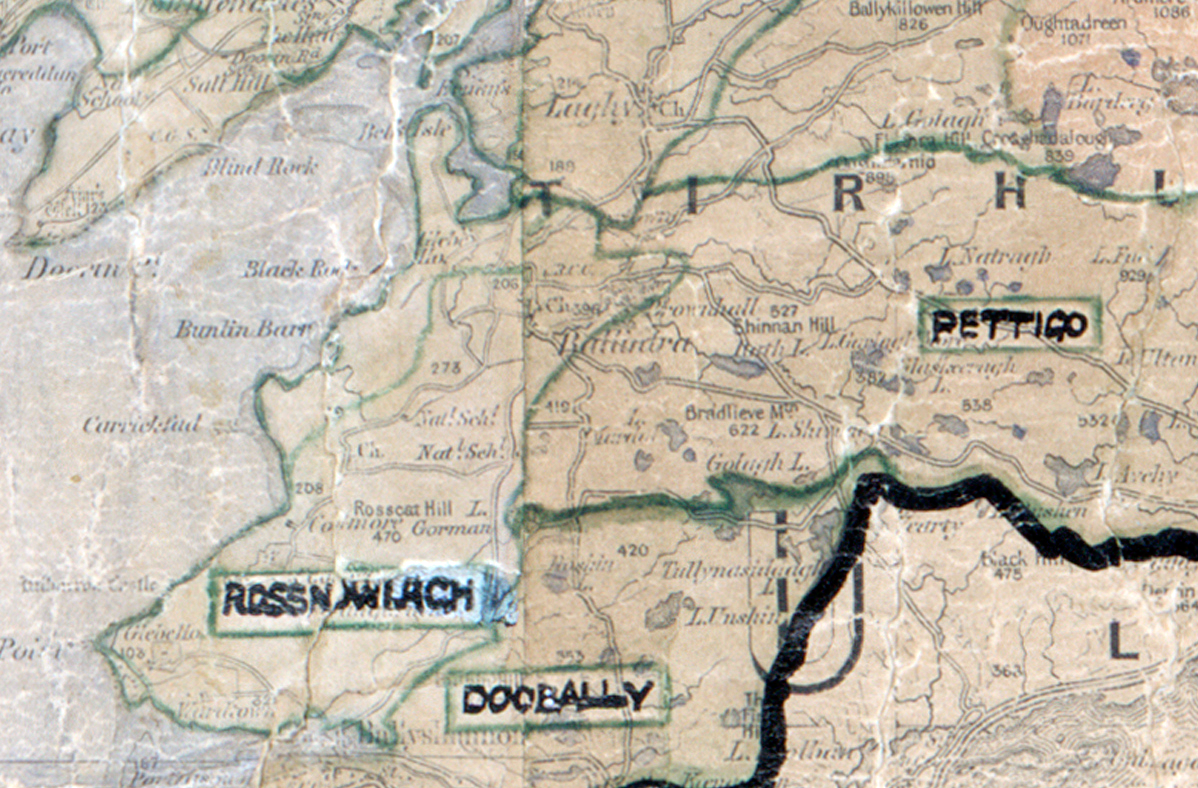 A scanned, worn historical map from the 1940s of the  rural electrification area around Rossnowlough.