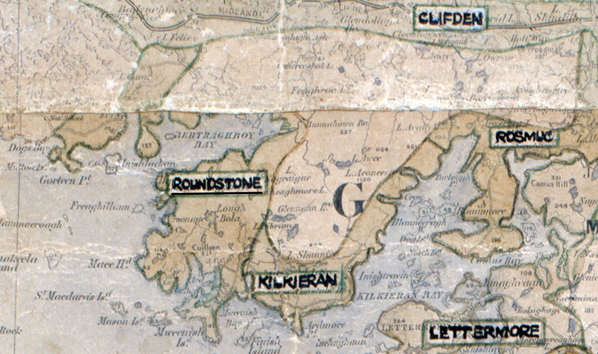 A scanned, worn historical map from the 1940s of the  rural electrification area around Roundstone.