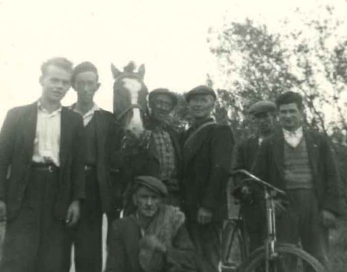 Black-and-white group photograph showing several rural electrification workers gathered outdoors with a horse and a bicycle.