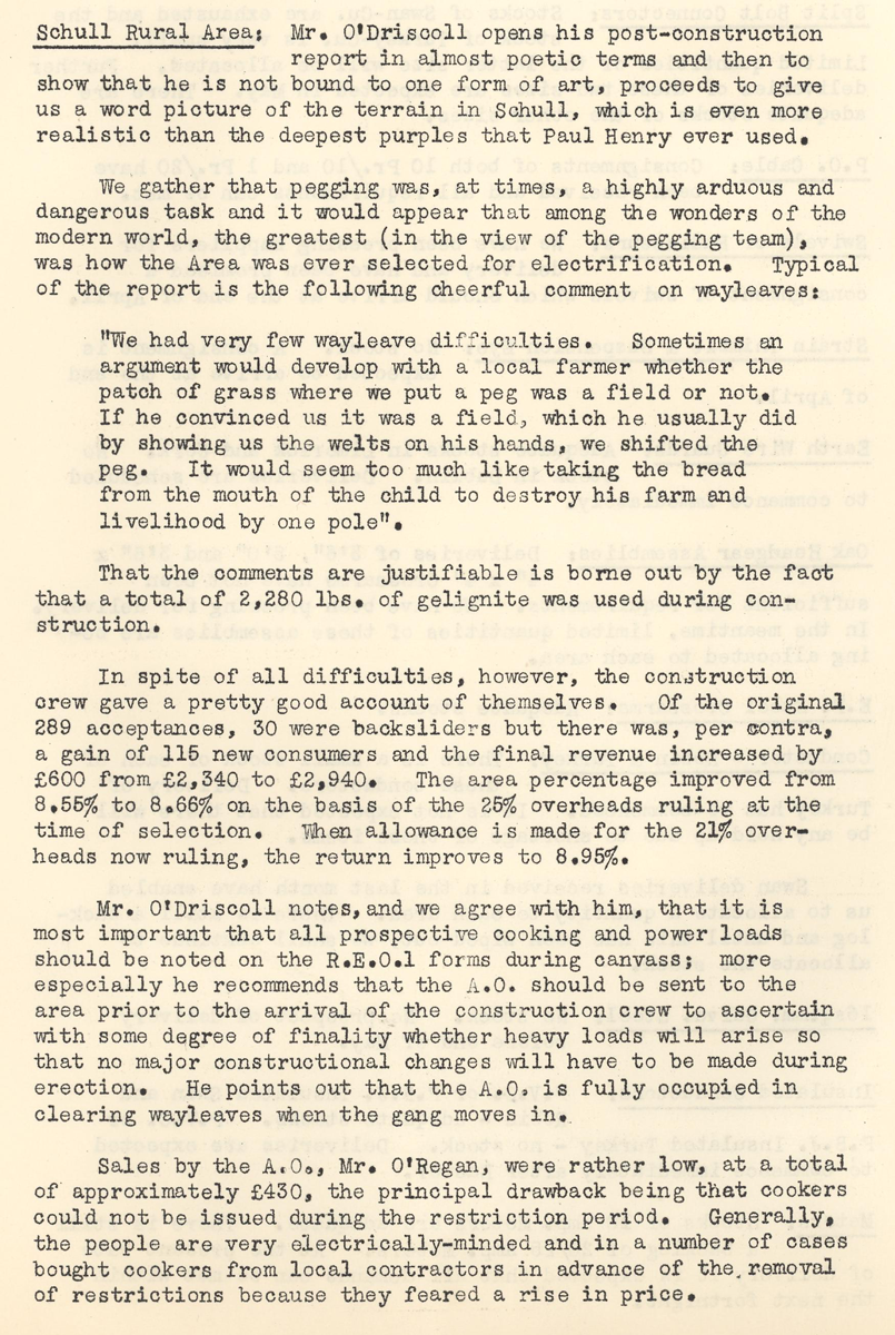 A scanned page from the ESB REO magazine about the Schull Rural Area.