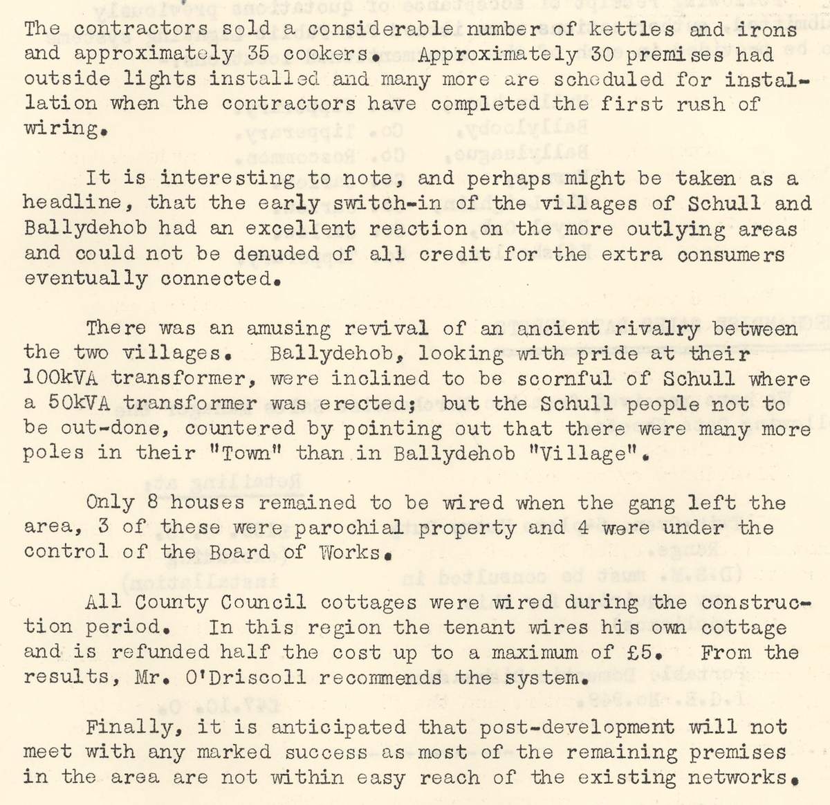 A scanned page from the ESB REO magazine about the Schull Rural Area.