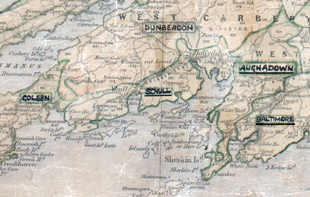 A scanned, worn historical map from the 1940s of the  rural electrification area around Schull. A hand‑drawn boundary outlines the region, including Coleen, Duneacon, Aughadown and Baltimore.