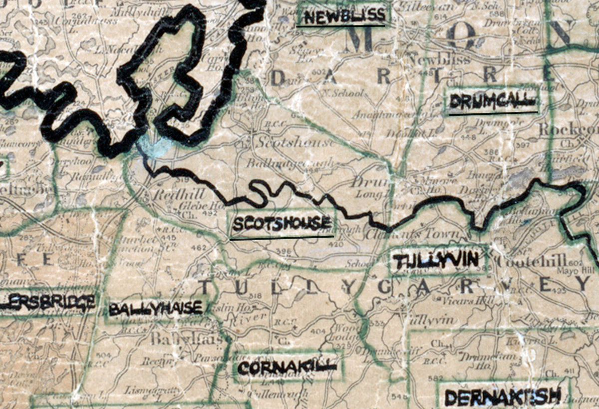 A scanned, worn historical map from the 1940s of the rural electrification area around \[Area Name]. A hand‑drawn boundary outlines the region, including Newbliss, Drumcall, Tullyvin, Ballyhaise, Cornakill, and Derrynaragh.