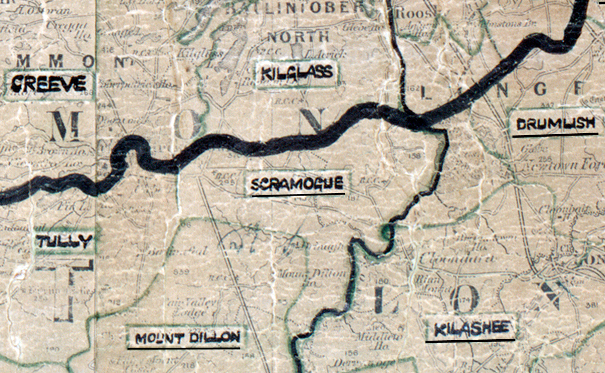 A scanned, worn historical map from the 1940s of the  rural electrification area around Scramogue. A hand‑drawn boundary outlines the region, including Creeve, Tully, Kilglass, Drumlish, Mount Dillion and Kilashee.